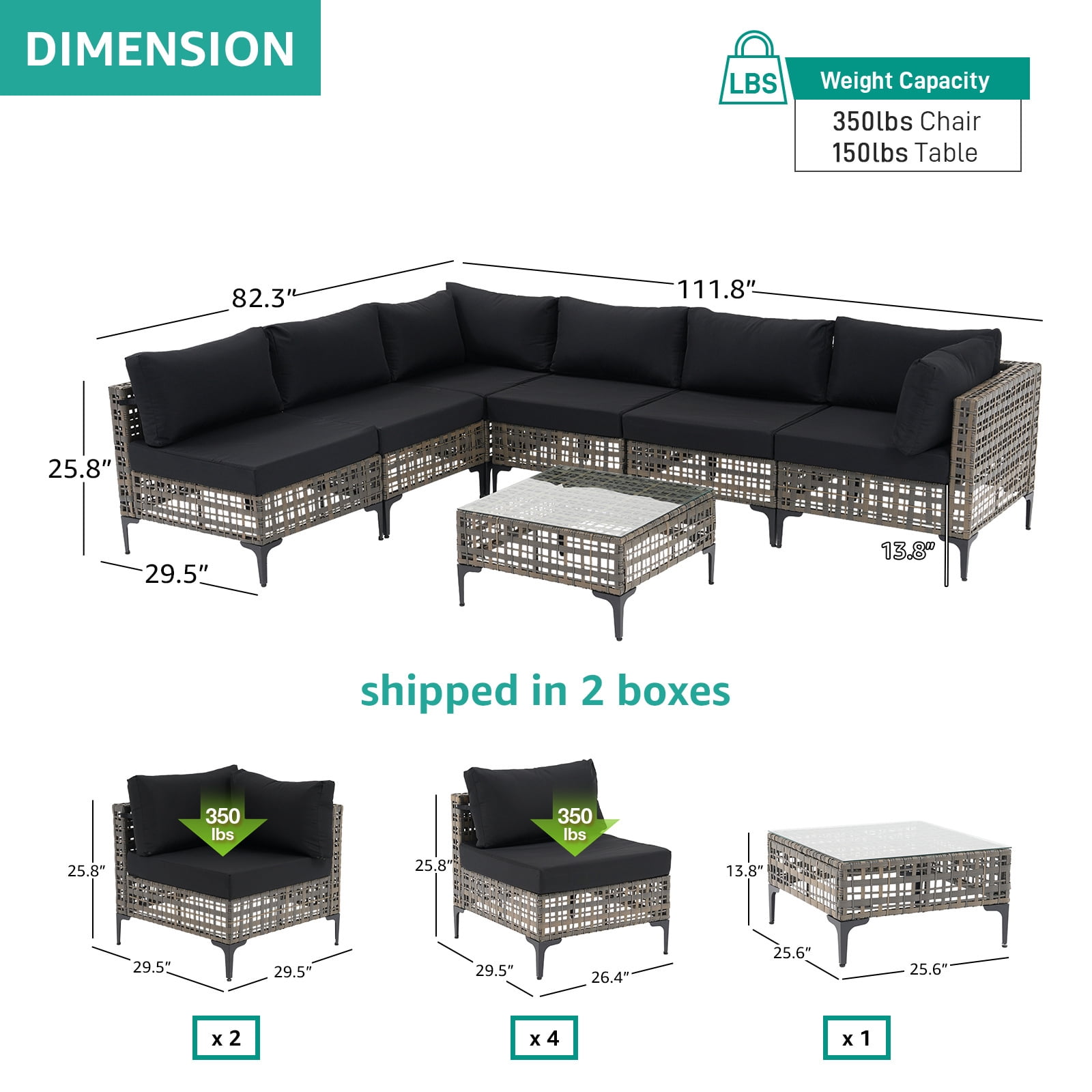 JOIVI 7 Pieces Patio Furniture Set, Outdoor Sectional Sofa Set with Cushion and Coffee Table, 7-Piece PE Rattan Conversation Set for Deck, Porch, Backyard, Black