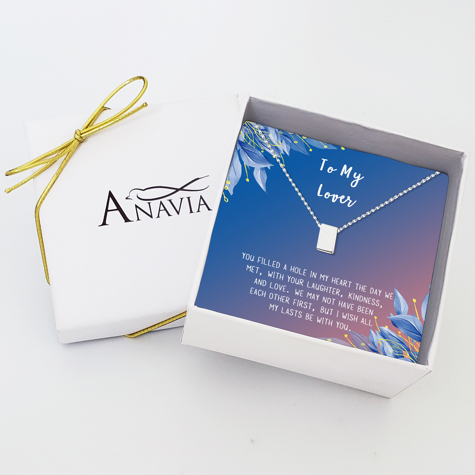 To My Lover Necklace and Card Jewelry Gift Set for Her - Mother's Day Gift for Mom - Stainless Steel Dainy Cube Necklace [Silver Cube, Blue-Orange Gift Card]