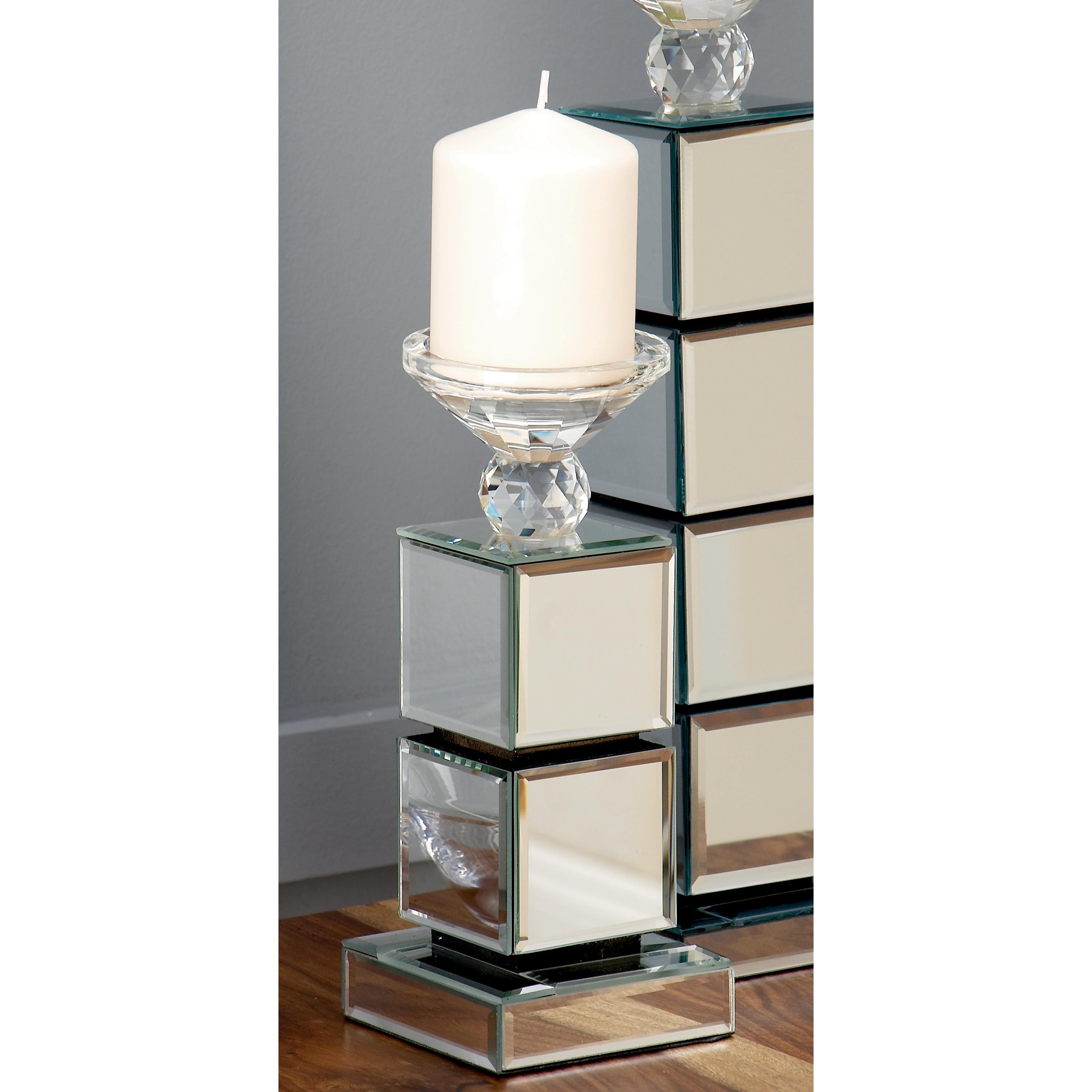 DecMode Silver Glass Pillar Candle Holder with Mirrored Sides