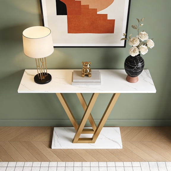 KIOOTTO 43" Modern Gold Console Table with Faux Marble Top, White & Gold Entryway Table with Geometric V-Leg Frame, Narrow Sofa Table for Hallway & Foyer