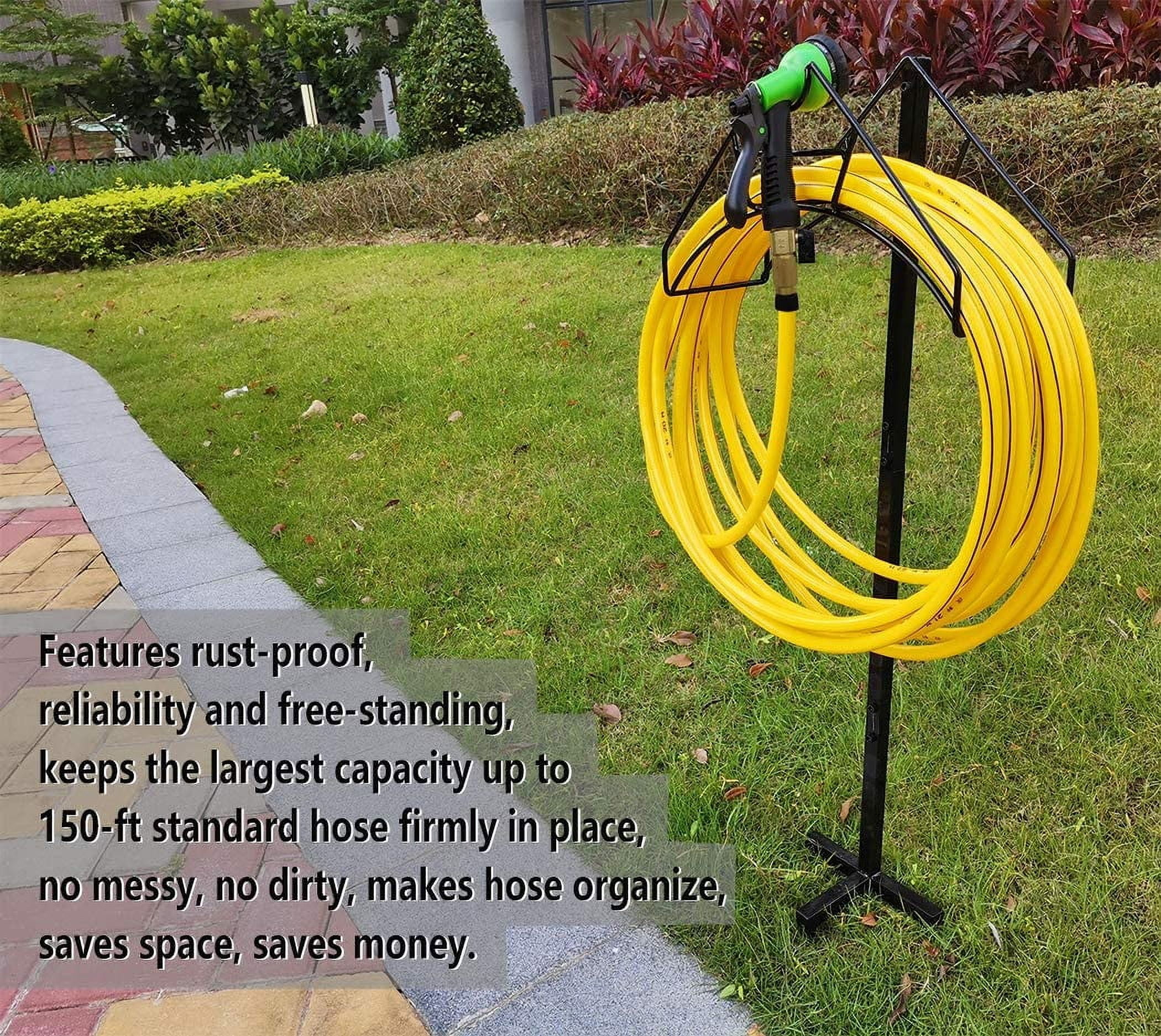 Freestanding Garden Hose Holder Hanger, Heavy Duty Metal Water Hose Reel Storage Stand Rack for Yard Lawn, Bright Black (Hose not Included)
