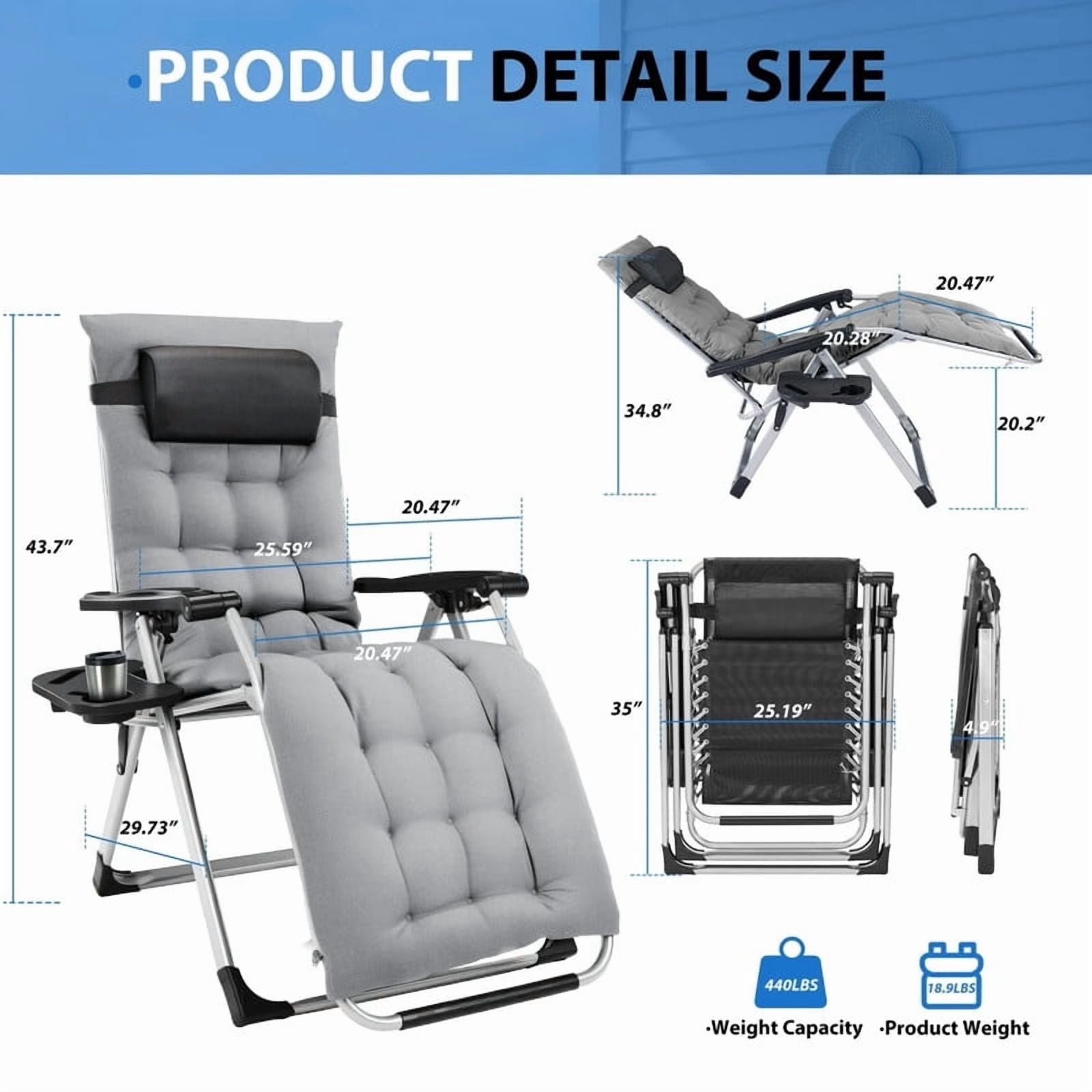 Kelno Padded Recliner Chair Zero Gravity Camping Chair Holder Trays Outdoor Portable Patio Lounge Chair with Removable Cushion Headrest Cup, Gray