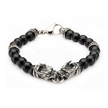 - Mens Stainless Steel Dragon Bite and Black Onyx Beads Bracelet 8 1/2 inch long