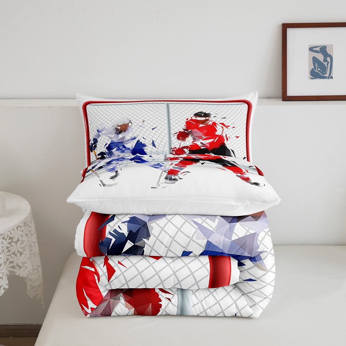 YST Hockey Bedding Set 3pcs for Kids Boys Teens Ice Hockey Sports Comforter Set 3D Hockey Ball Decor Duvet Insert Soft Breathable Down Comforter with 2 Pillow Case White Bedroom Decor Queen
