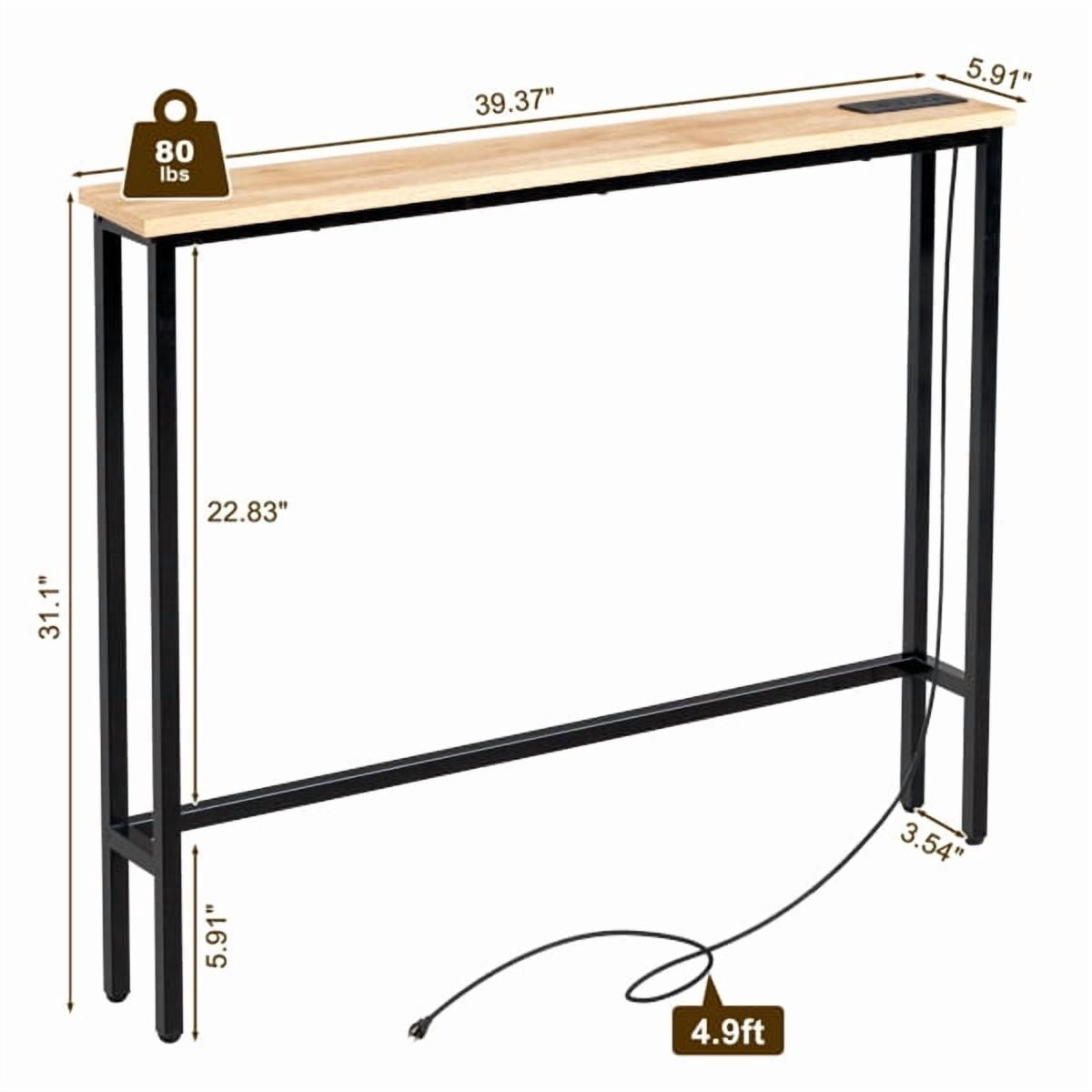 39.4" Narrow Console Sofa Table with Power Outlets and USB Ports, Skinny Couch Table with Metal Frame and Charge Station with 4.9ft Extension Cord, Oak