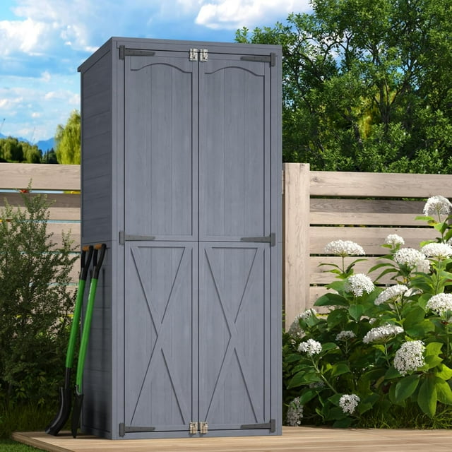 AECOJOY Armoire de Rangement Extérieure en Bois, Remise de Jardin Étanche avec 3 Tablettes Ajustables, Rangement Extérieur Vertical avec Base