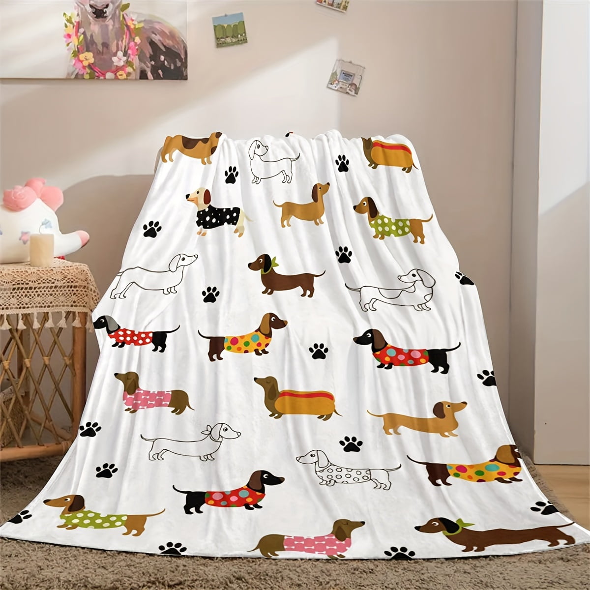 1pc 2DDog Christmas Dachshund Print Blanket - Ultra-Soft Flannel Throw Blanket - Perfect Gift for Dog Lovers, Cozy & Warm for All Seasons, Versatile Use Dog Blanket Furry Blanket