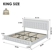 Homfa King Floating Bed with Lights, LED Platform Bed Frame with Under Bed Storage, PU Leather Adjustable Tufted Upholstered Bed, White