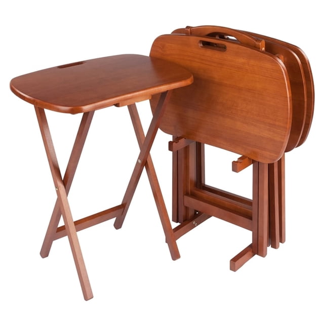 Lucca 4 Snack Tables with Storage Stand in Teak Finish
