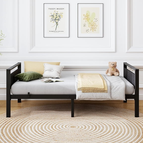 Metal Daybed Frame Twin Size Sofa Bed Frames with Vintage Wood Headboard, Heavy Duty Metal Platform Bed Frames with Steel Slats Platform Furniture, No Box Spring Needed, Twin (Black)
