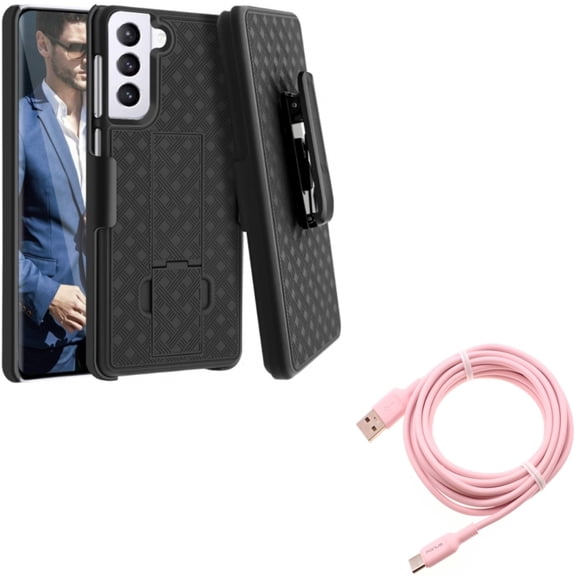 10ft Long USB-C Cable w Case Belt Clip for Samsung Galaxy S21 Plus - Pink Charger Cord Power Wire, Holster Swivel Cover