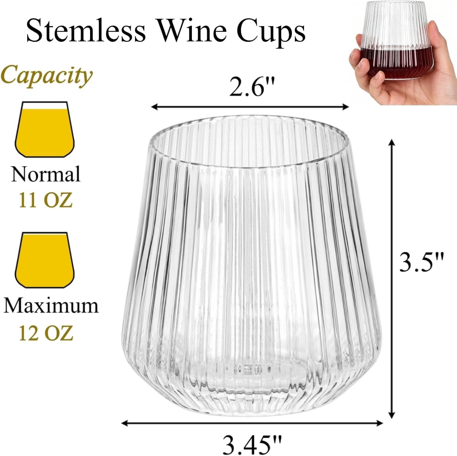 20 Pack Plastic Ribbed Wine Glasses, 12 Oz Unbreakable Stemless Cocktail Cups for Party, Disposable Reusable Origami Style Ridged Drinking Tumbler for Champagne Catering Wedding Picnic Bar