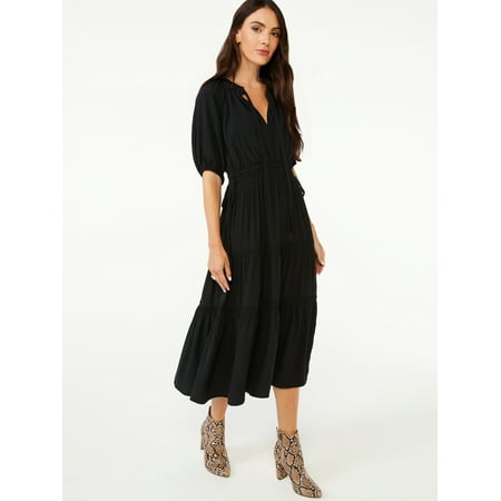 Scoop Women's Split Neck Tiered Midi Dress
