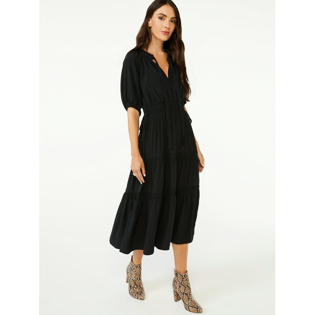 Scoop - Scoop Women's Split Neck Tiered Midi Dress - Walmart.com ...