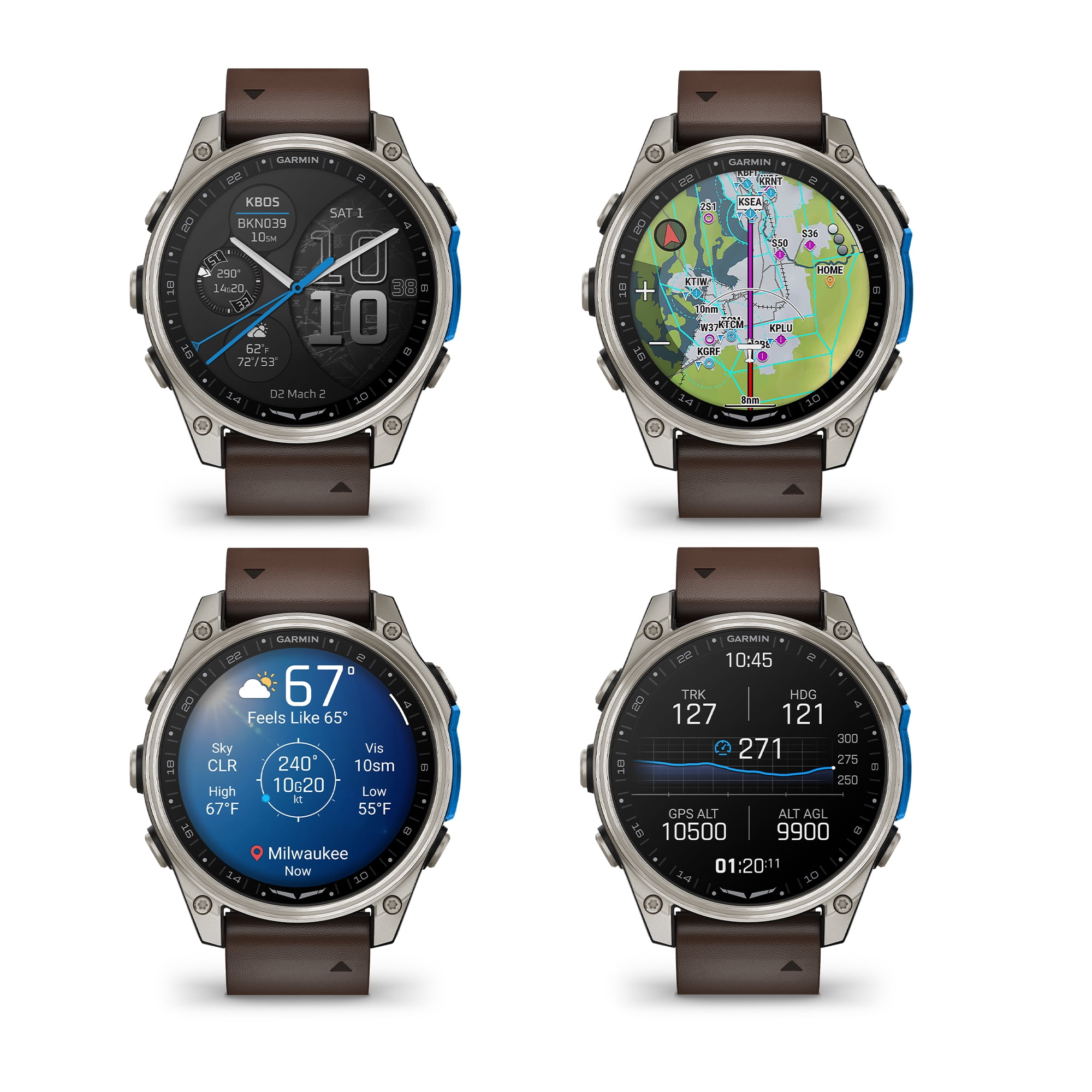 Garmin D2 Mach 2 Aviator Smartwatch, 47mm AMOLED Touchscreen, GPS Moving Map with Aviation Weather, Built-In Flashlight, Oxford Brown Leather Band Bundle