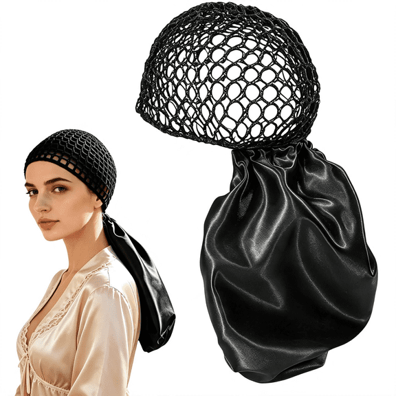 OQRKI 2 in 1 Reversible Satin Hair Wrap Cap with Net,Adjustable Double Layer Sleep Bonnet,Silk Hair Wrap Scarf for Curly Natural Braided Hair Soft Reversible Satin Hair Bonnet