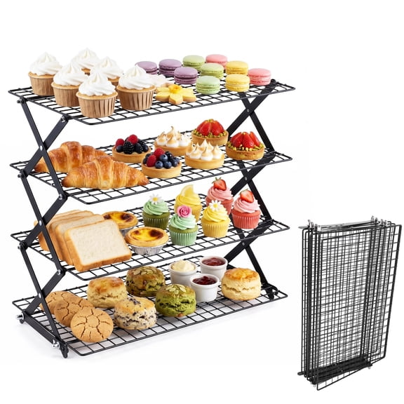 4-Tier Stackable Cooling Rack, Adjustable 3-Level Height, Collapsible Non-Stick Baking Rack for Bread, Cookies, Cakes & Muffins