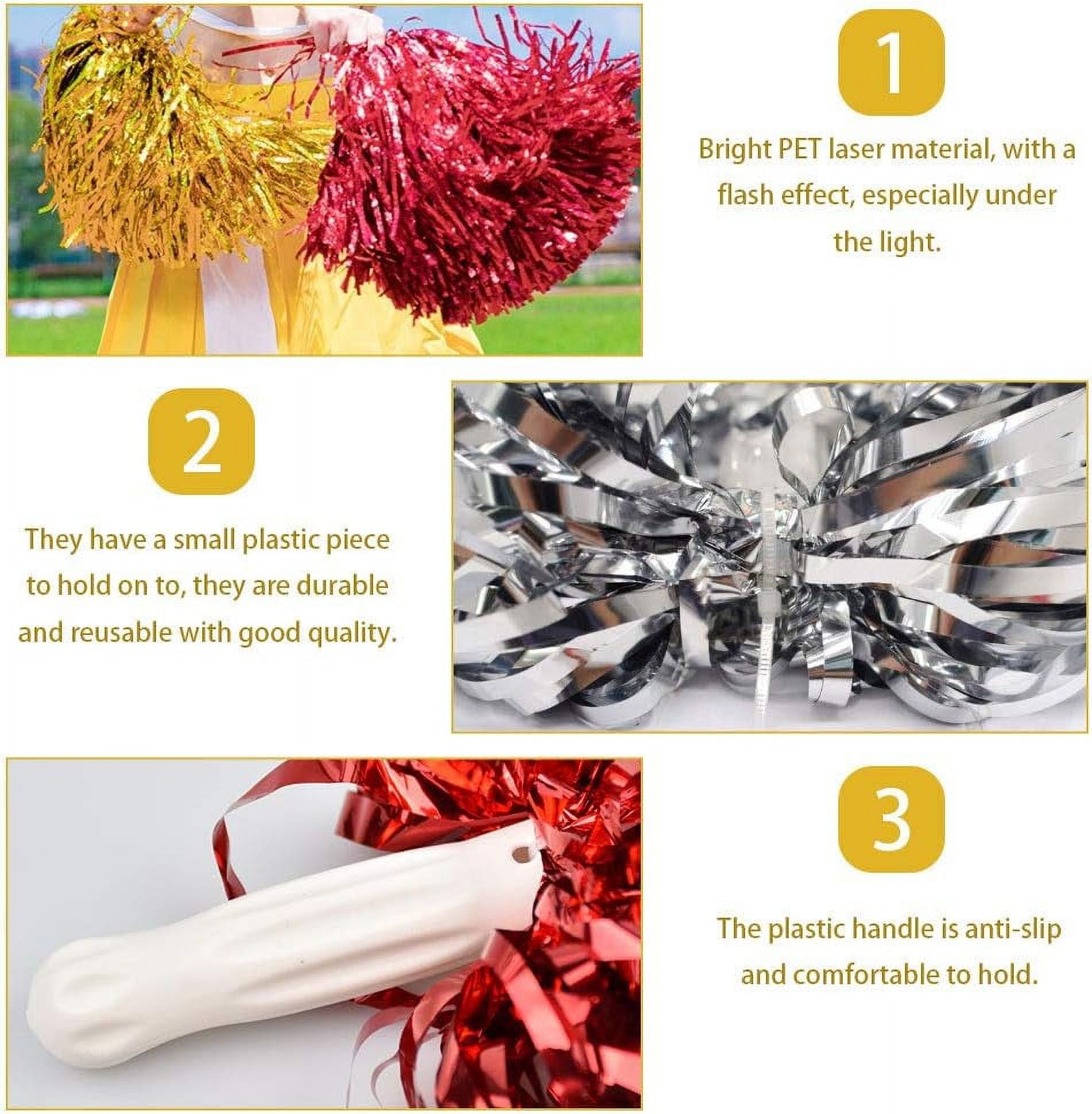 LINLIN 12 Pack Cheerleading Pom Poms Fluffy Pom Poms Cheer Metallic Strips With Plastic Handle, Cheerleader Pompoms for Sports Matches, Stage Performance, Holiday Celebrate