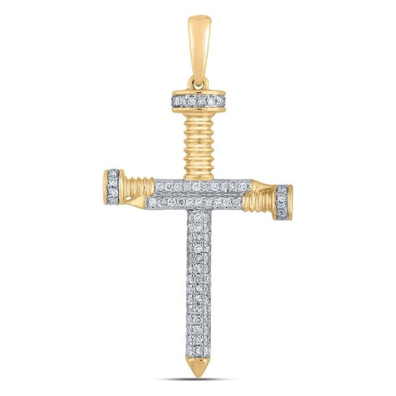 L U DIAMONDS 10k Yellow Gold Mens Diamond Nail Cross Charm Pendant 1/3 Ctw