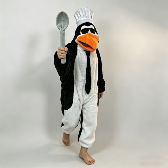 dazeni Cute Penguin Onesie Pajamas for Adult Flannel Fleece Blanket Hoodie Sleeping Soft Jumpsuit and Spoon Halloween Role Play Outfits Black L
