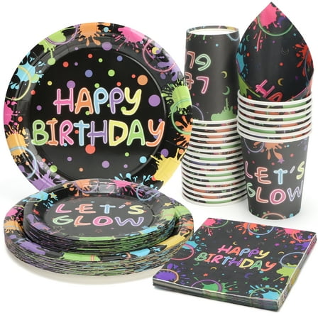 96 Pcs Birthday Plates and Cups and Napkins Party Supplies, Black Neon Theme Happy Birthday Party Paper Plates and Napkins Sets for Kids, Serve for 24 Guests, Serve for 24, Black Let's Glow