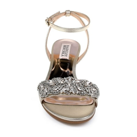 

BADGLEY MISCHKA Womens Silver Adjustable Rhinestone Cushioned Hatch Round Toe Wedge Buckle Leather Dress Sandals Shoes 8.5
