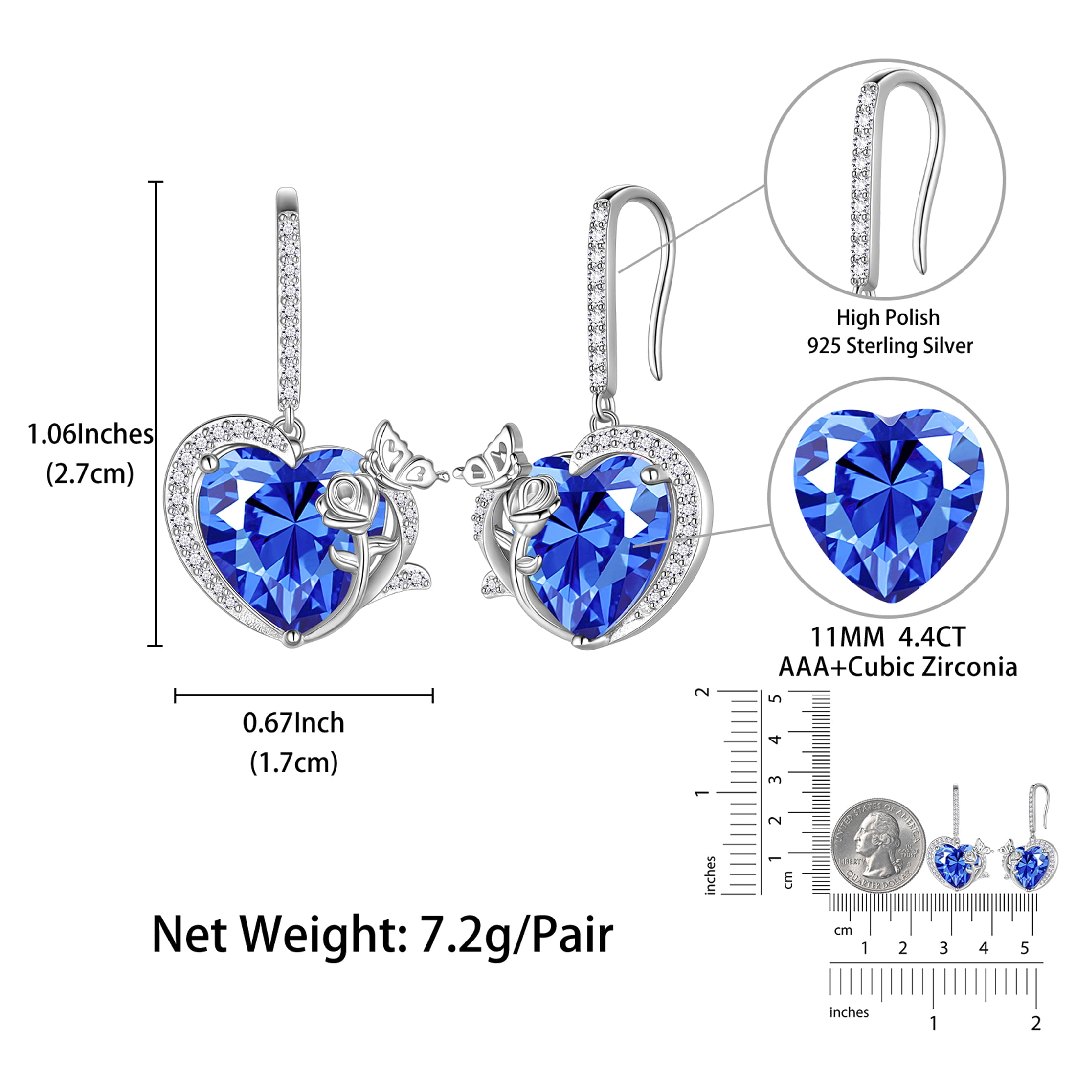 Juwaliy Women Drop Earrings December Birthstone Heart Tanzanite Blue Butterfly Rose Jewelry 925 Sterling Silver Hook Earring Christmas Mother's Day Gift for Her