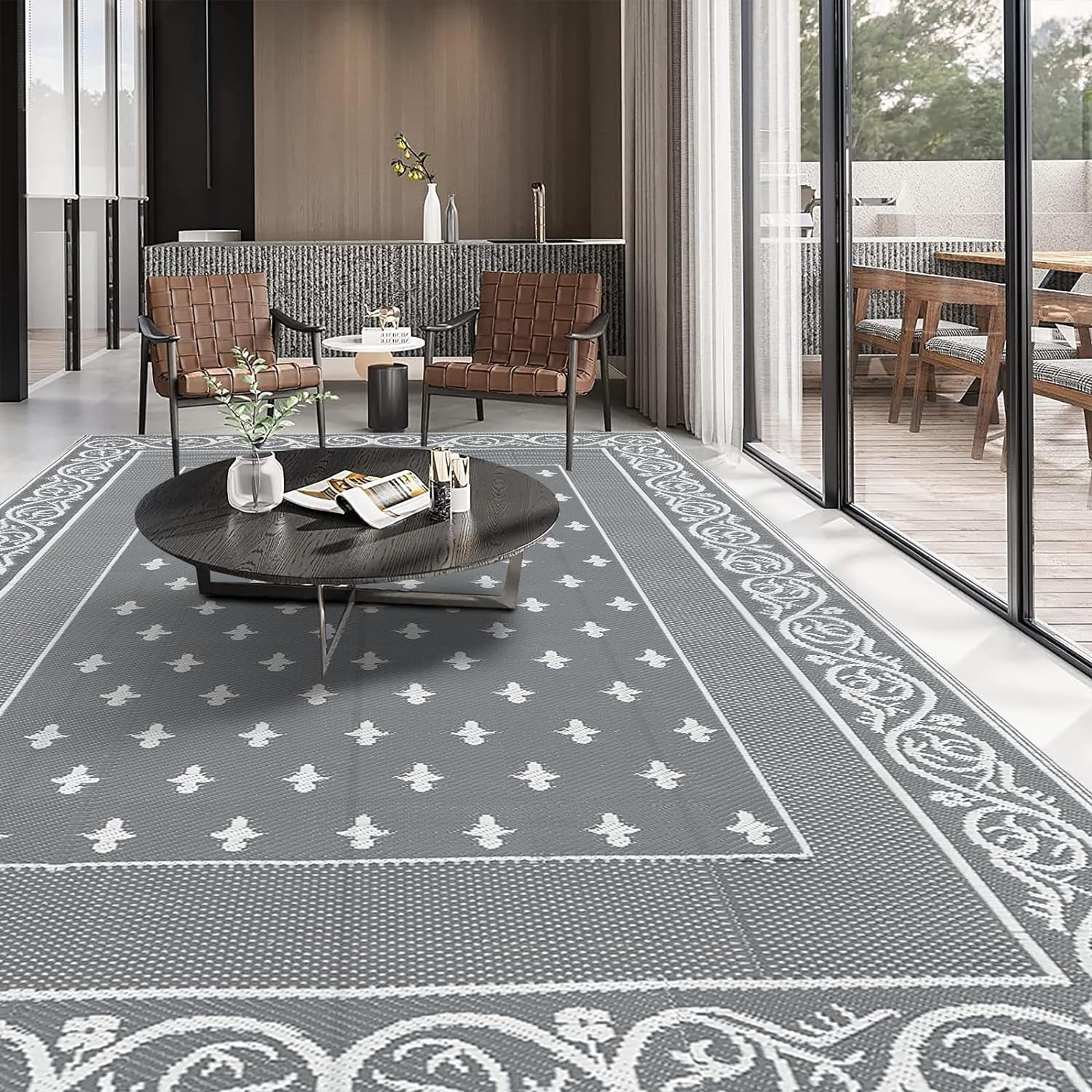 Findosom 9'x12' Gray Large Outdoor Rug Outdoor Mat RV Outdoor Rug Reversible Plastic Straw Rug Patio Rug Waterproof Foldable Portable Camping Rug for RV, Patio, Backyard, Deck, Picnic, Beach, Trailer