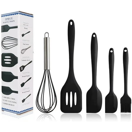 

Suyin 5 Pcs Silicone Cook Utensils Kitchen Cooking Set Includes Silicone Turner Large Spatula Small Spatula Basting Brush Whisk(Black)