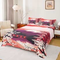 Homewish Tokyo Mount Fuji Bed Sheets for Teens, Japanese Blossoms Flower King Sheets, Red Pink Sheet Set, Super Cozy Room Decor, 4-Piece