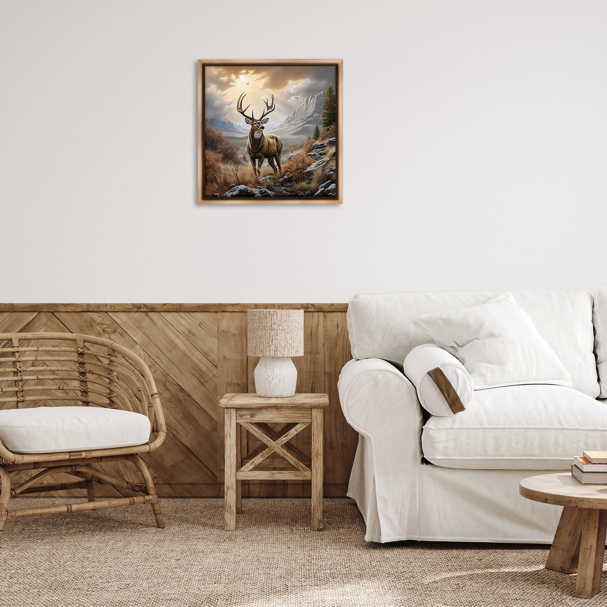 Stupell Industries Majestic Elk Mountain Scenery Landscape Painting Brown Floater Framed Canvas Art Print Wall Art, 25 x 25