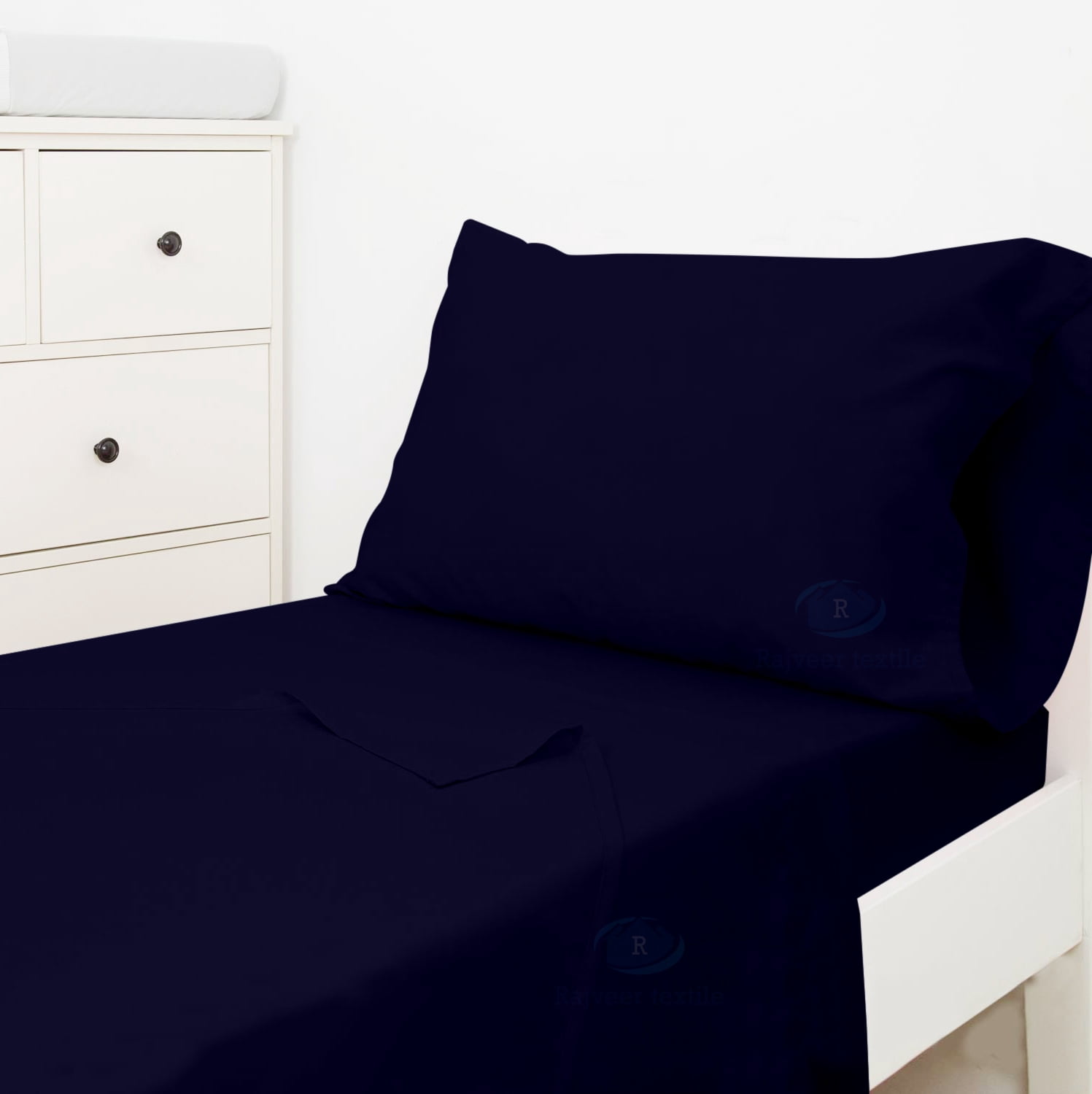 Egyptian Cotton 3-Piece Toddler Bedding Set Includes Crib Mattress Sheet Upto 8" Deep Pocket, Flat Sheet and Envelope Pillowcase, Silky Soft, Breathable and Lightweight, Navy Blue Color