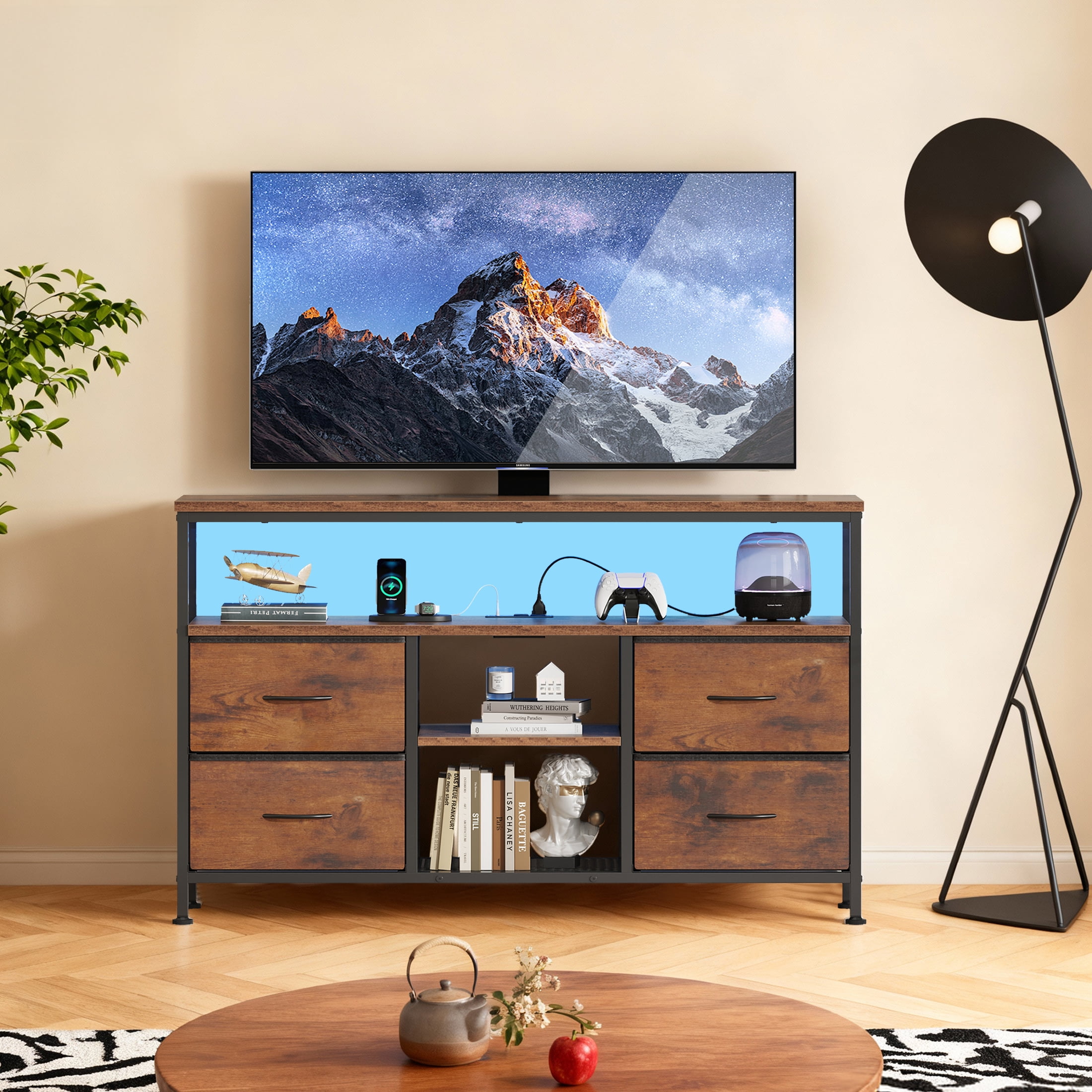 EDX TV Stand with Power Outlets and LED Light for 43-inch TV, Double-layer 4 Fabric Drawers for Living Room/Bedroom, Rust
