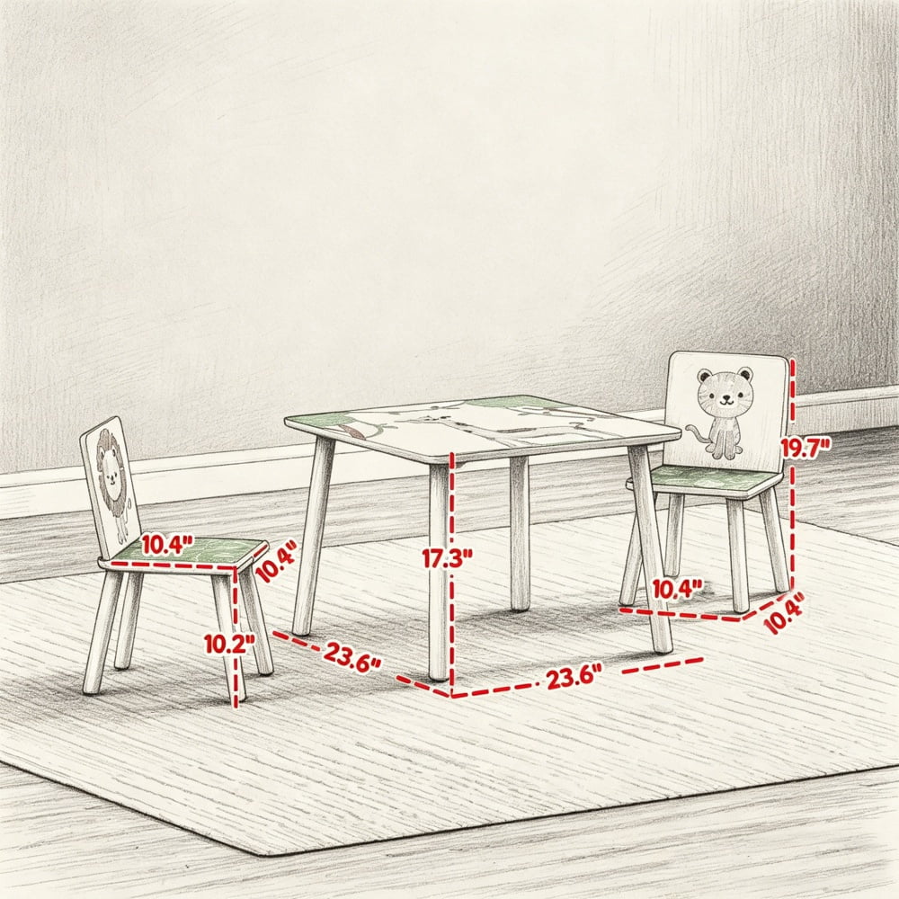 Kids Table and Chair Set, Green, MDF & Pine Material, 3-Piece (1 Table + 2 Chairs) for 3-8 Years Old Kids, Easy Assembly with Instruction Manual