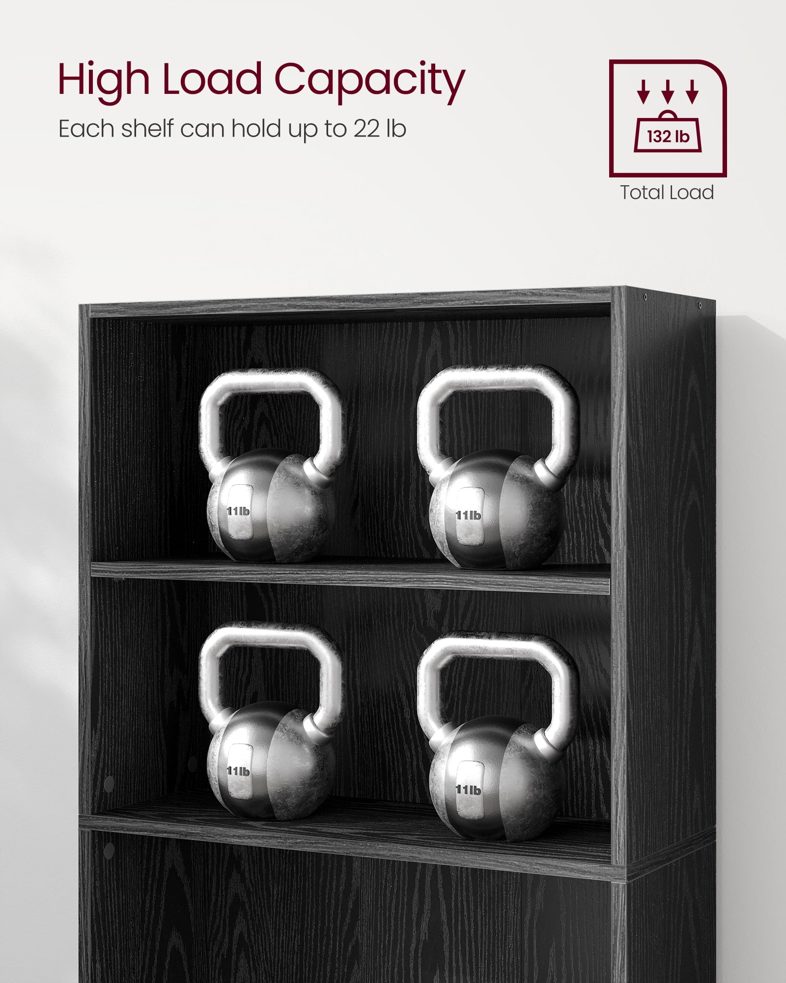 5 Tier Open Modern Standard Bookcase, Particleboard Black, 52.7"