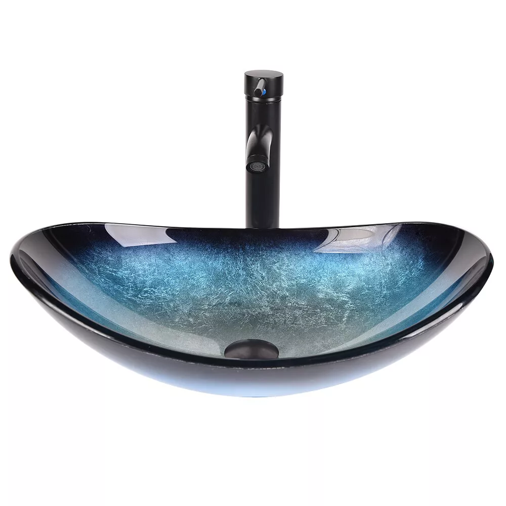 ELECWISH Bathroom Sink and Faucet Combo Artistic Tempered Glass Vessel Sink Basin Washing Bowl Set, Cabinet Countertop Sink with Chrome Faucet Pop-up Drain (Oval)