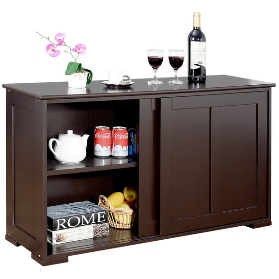 Costway Kitchen Storage Cabinet Sideboard Buffet Cupboard Wood Sliding Door Pantry Brown