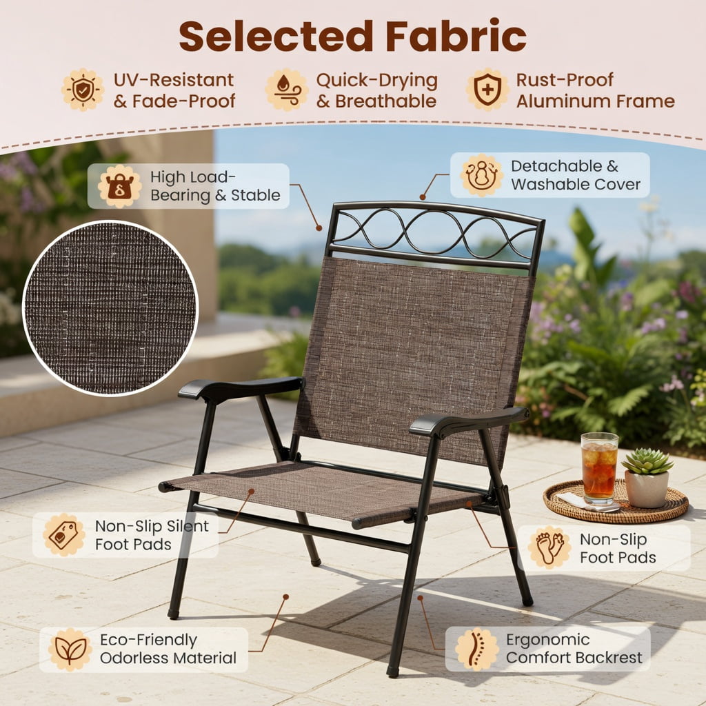 Hommoo 4-Pack Patio Folding Chairs with Armrests, Lightweight Outdoor Dining Chairs, Easy-Store Metal Frame & Breathable Fabric, Brown