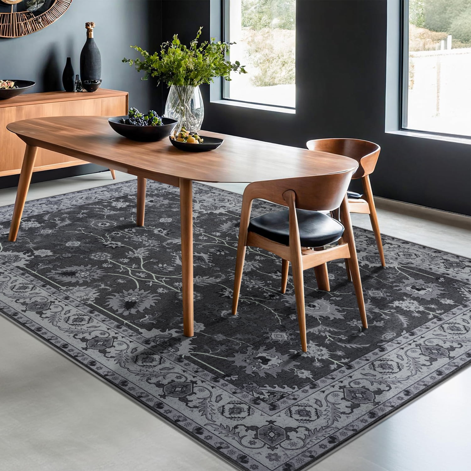 Wondo 6x9 Vintage Bohe Washable Black Area Rug for Living Room, Bedroom, Dining Room, Office, Nursery Anti-slip Easy Care Carpet, Ultra-thin Stain Resistant Indoor Low Pile Carpet