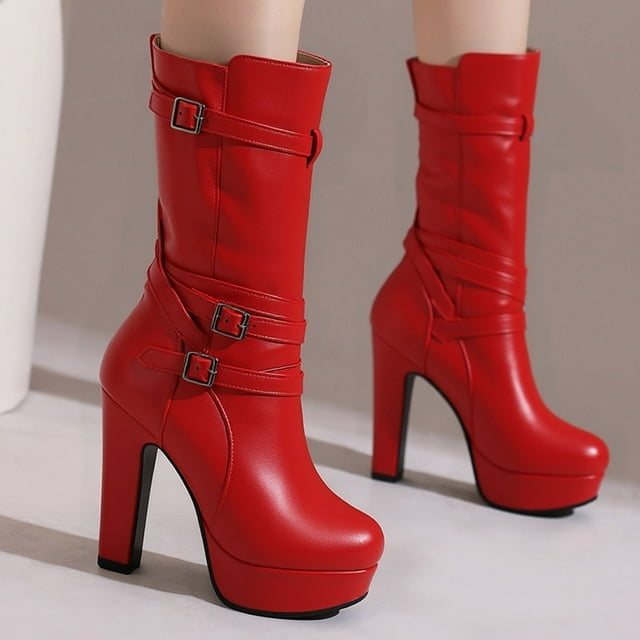 Fankiway Women's Platform Boots with Buckle Decor Thick Sole High Heel Punk Style Fashion Boots for Fall Winter Red