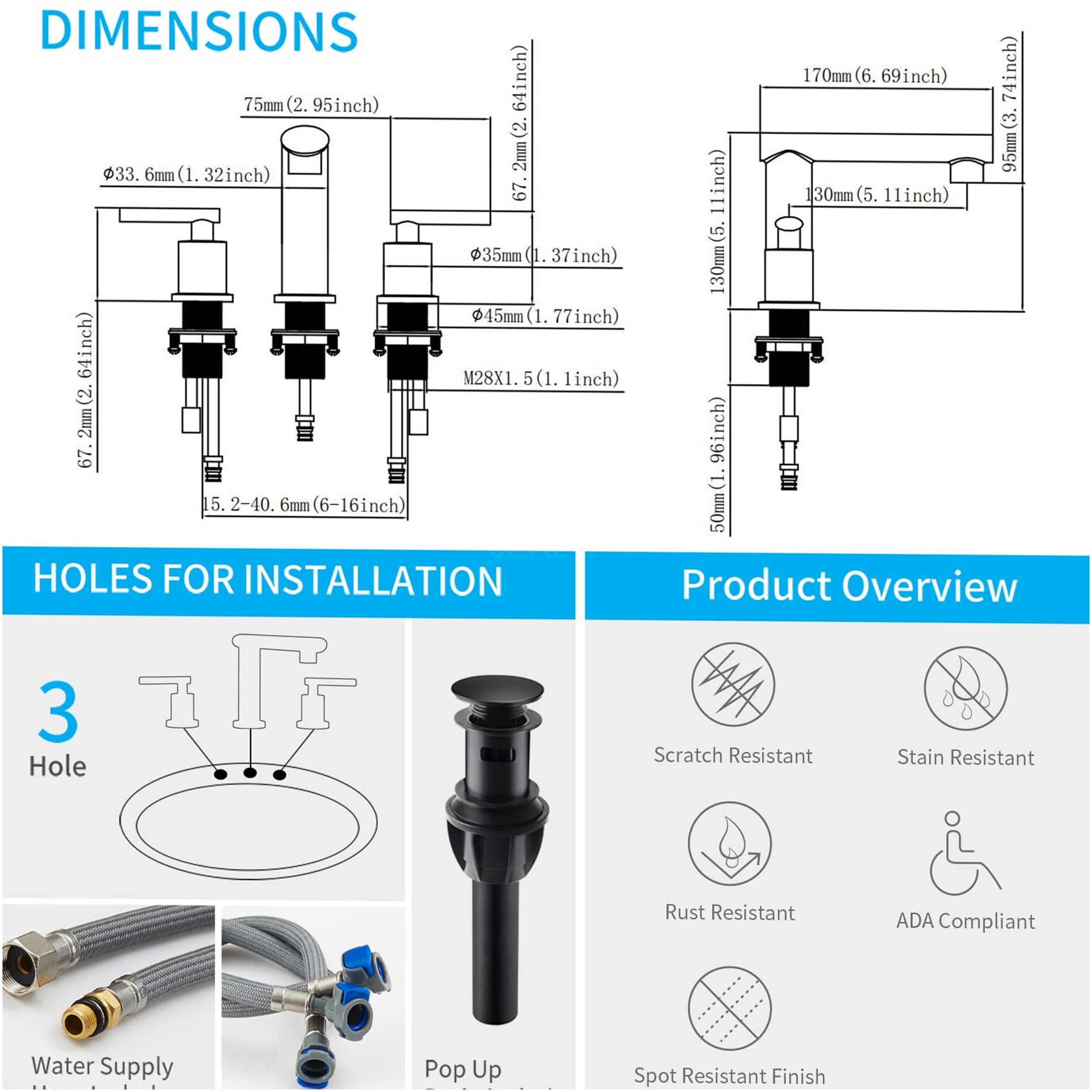 JERFIT 8-inch Widespread Bathroom Faucet Matte Black, 2-Handle Modern Waterfall Vanity Sink Faucet with Pop-Up Drain & Lead-Free Hoses