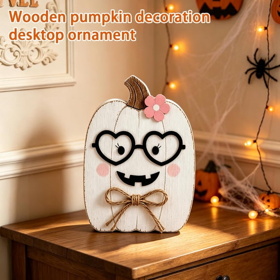 Halloween Pumpkin Decor 7 Inch Wooden Pumpkin Decor Cute Fall Decor for Home Pink Fall Decor Tabletop Display for Bedroom Holiday Party White Pink, 1 Piece