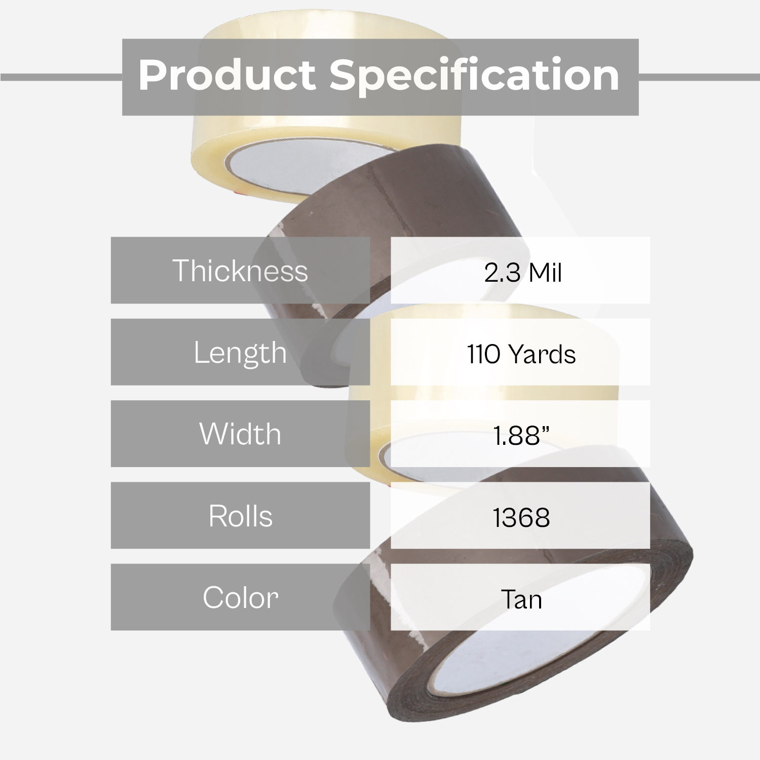 SSBM 1.88 Inch x 110 Yards (330 Feet) Tan Acrylic Carton Sealing Tape, Moving & Packaging, 2.3 Mil, Pack of 1368 Rolls