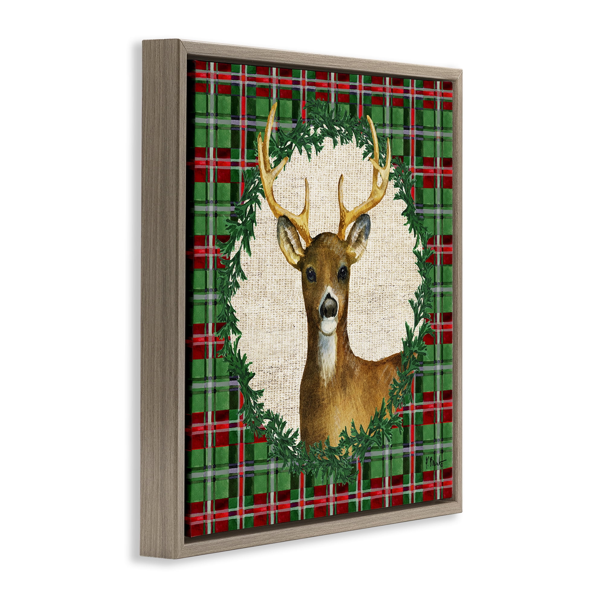 Stupell Industries Plaid Holiday Deer Holiday Painting Brown Floater Framed Canvas Art Print Wall Art, 18 x 18