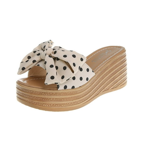 

Ichuanyi Slippers for Women Clearance Women Bowknot Beach Summer Slippers Platform Slope Heels Plus Size Shoes