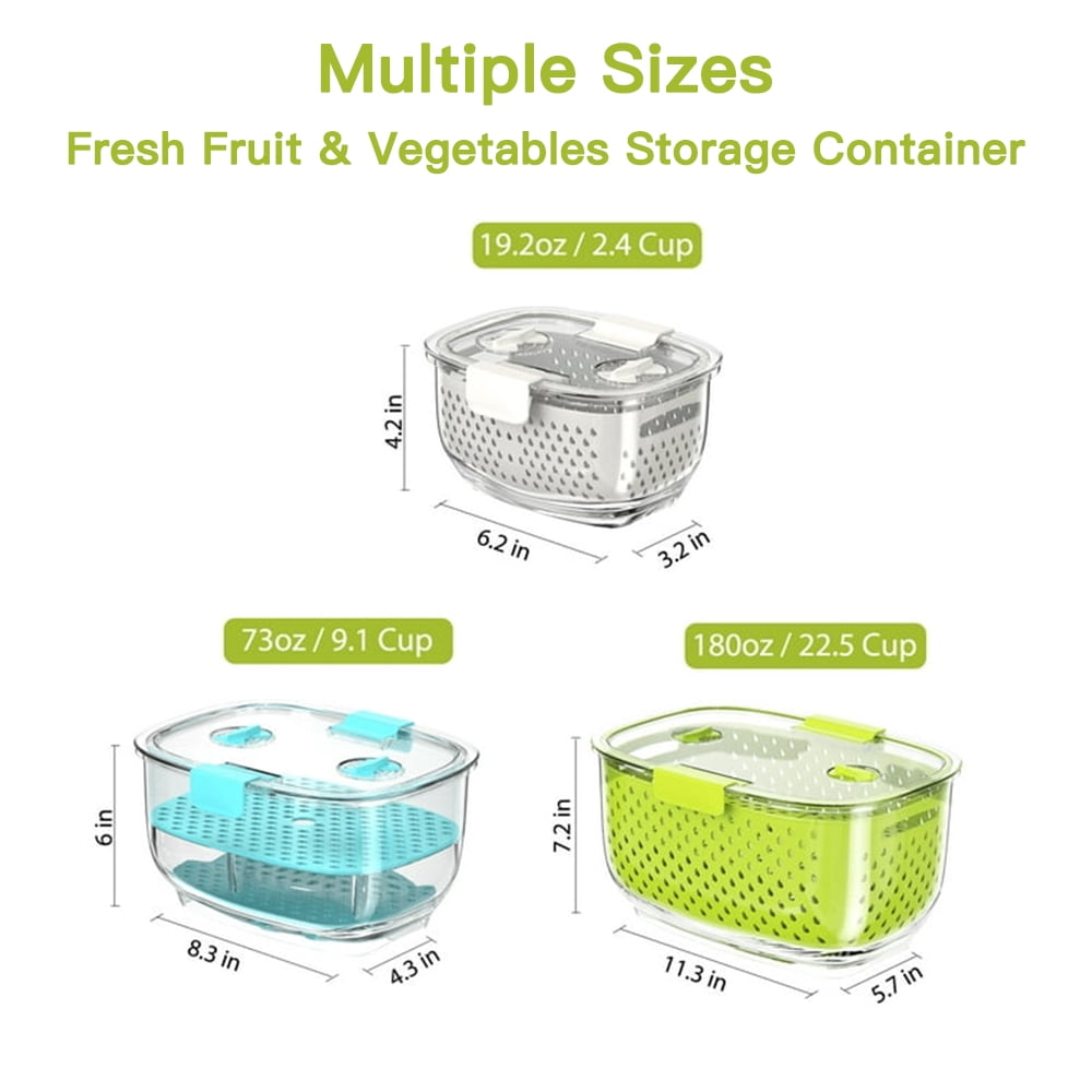 LUXEAR Fresh Container, BPA-free, Partitioned Fruit Storage Container 3 Pack Produce Container for Fridge, Green