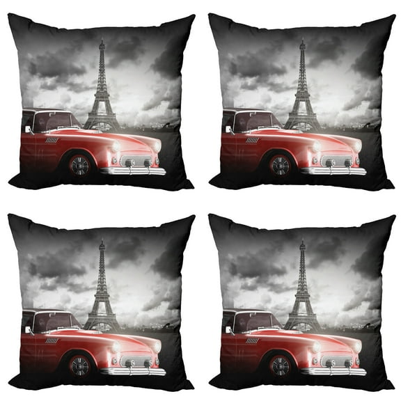 Ambesonne Paris Throw Pillow Cover 4 Pack, Vintage Car and Eiffel, 24", Grey Red