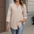 thumbnail image 5 of JoveMarine Women's Solid Color Casual Button Up Blouse Round V-Neck Short Sleeve Top Lightweight Office Work Shirt for Spring Fall Daily Wear Beige M, 5 of 6