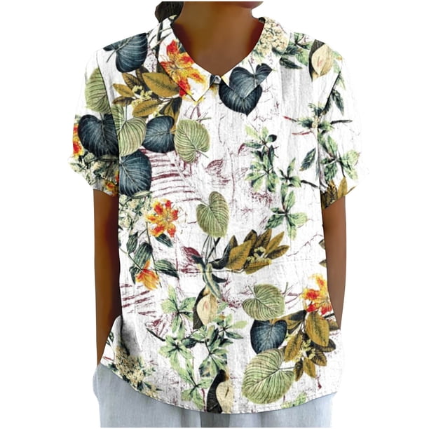 Blusas de Manga Corta para las Mujeres Cuello de Muñeca Lindo Lino Algodón, Impreso Suelto Camiseta para el Uso Casual, Diario Y de Verano