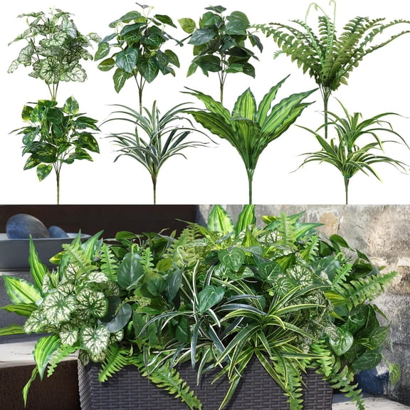 Artificial Greenery Plants Fake Plastic Leaves With Stems, UV Resistant Large Bunches Outside Faux Plants Bushes For Outdoor Patio Garden Front Porch Yard Decor
